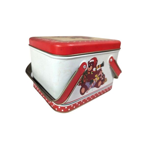 Vintage 1985 Holiday Bear and Toys Tin Gift Box Red Handles Cookie Candy Storage - Picture 3 of 5